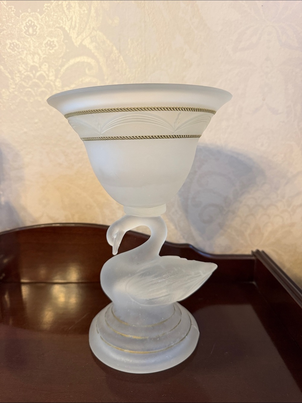 Murano Frosted White Swan Compote with Gold Trim